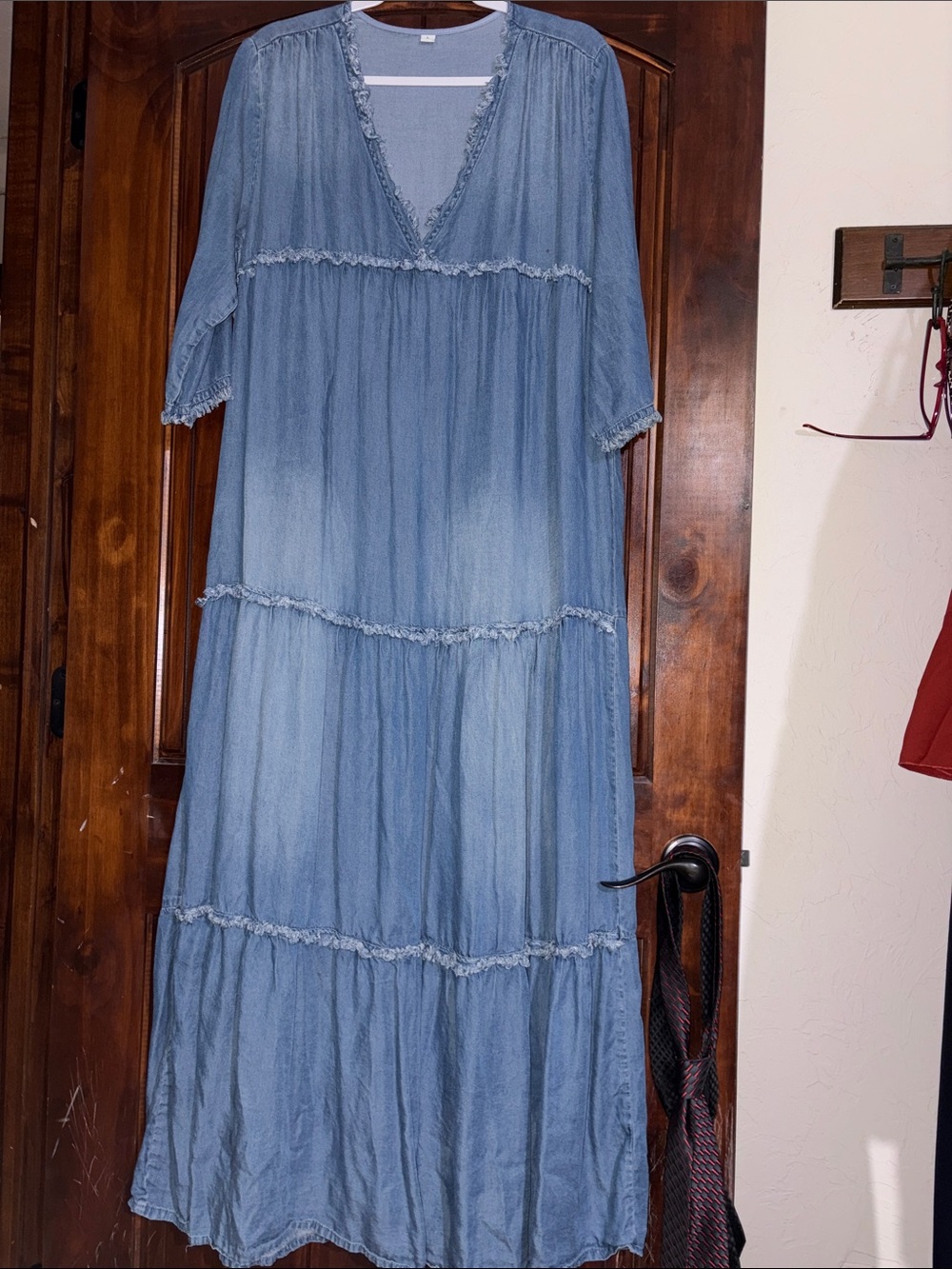 Chambray Tiered V-Neck Maxi Dress